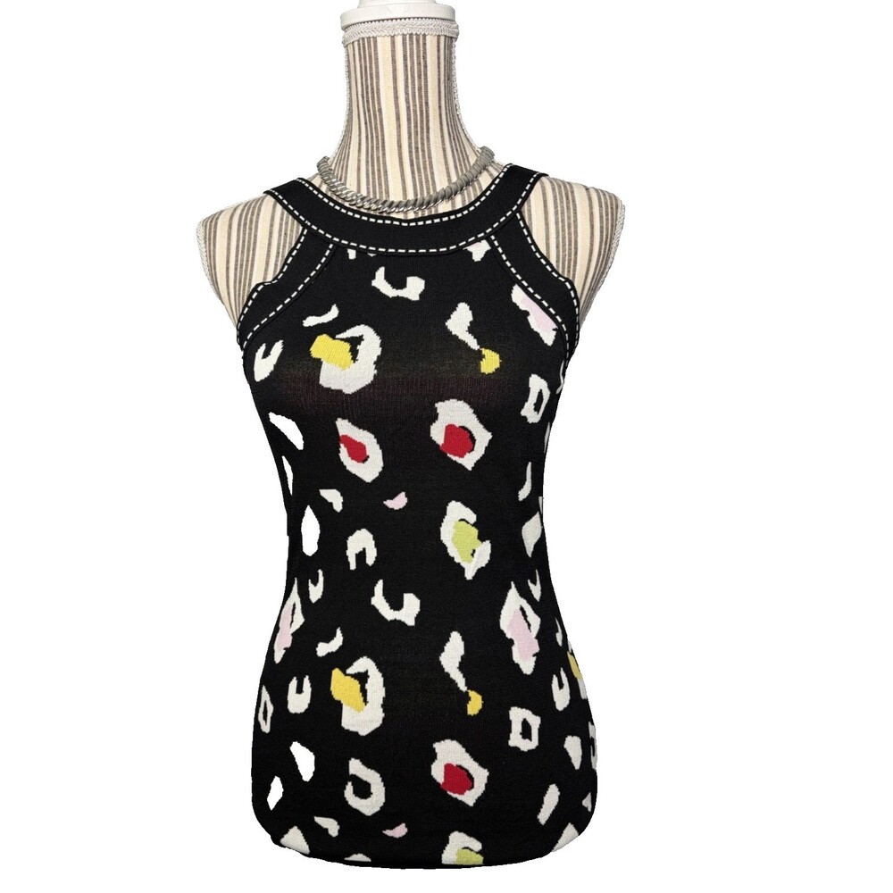 VTG Cache Womens MEDIUM (4-6) Top Black Print Sleeveless Halter Sweater Knit Y2K